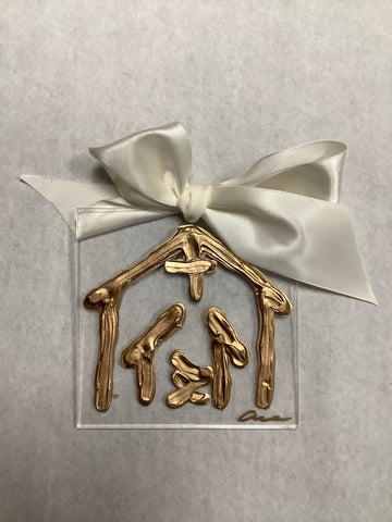 Handmade Gold Nativity Acrylic Ornament with Ivory Bow