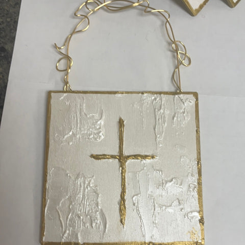 Gold/white cross wooden ornament
