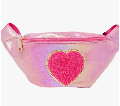 Bright Pink Shimmery Sling Bag with Chenille Heart Patch