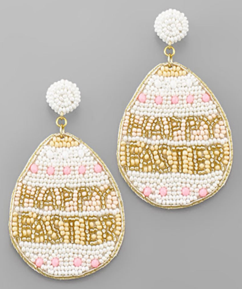 White Happy Easter Egg Beaded Earrings