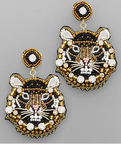 Jewel and Bead Tiger Head Earrings