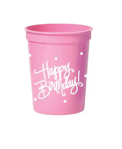 Happy Birthday Pink Plastic Cups with Lids
