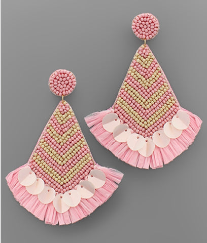 Beaded Triangle Fringe Earrings-Pink/Ivory