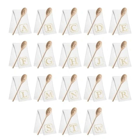 “N” Embroidered Tea Towel with Initial Wooden Spoon