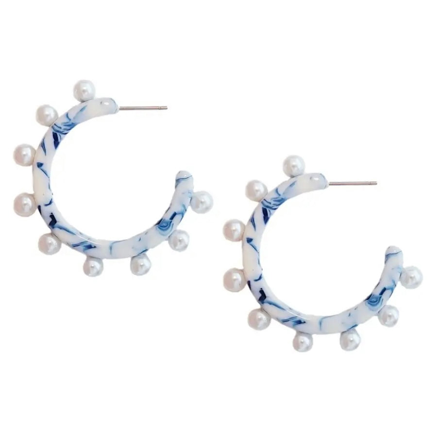 Blue and White Marble Pearl Hoop Earrings