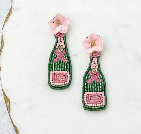 Pink Flower and Green Champagne Bottle Earrings