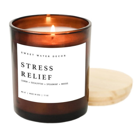 Stress Relief Candle in Amber Jar with Wood Lid