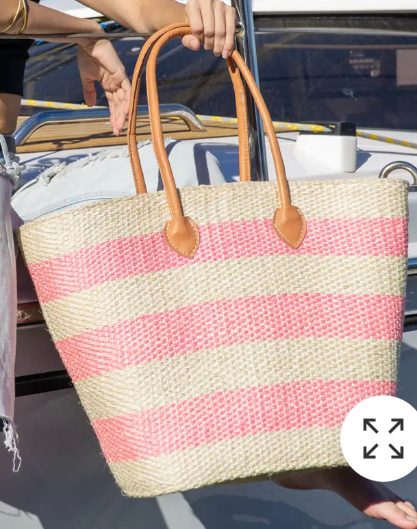 Pink striped straw tote