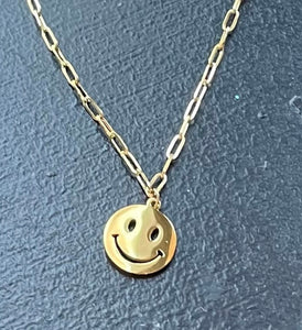 Gold Smiley Face on Paperclip Chain Necklace