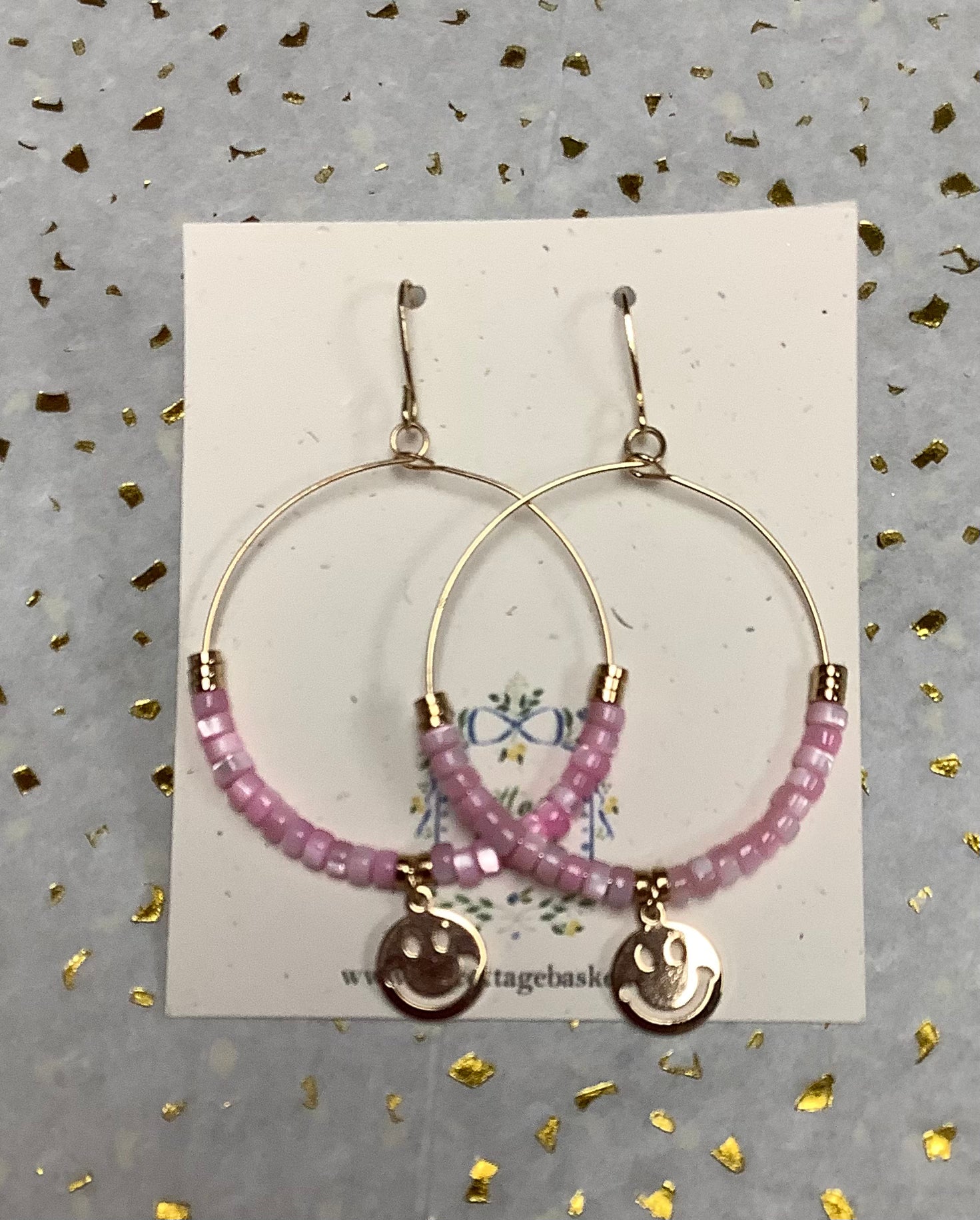 Pink Beaded Smiley Hoops