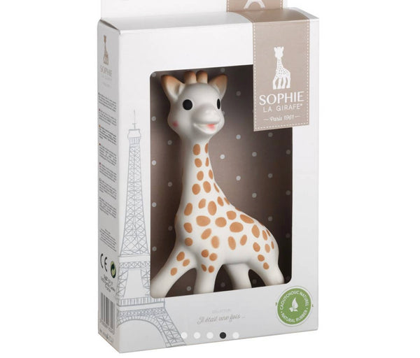 Sophie the giraffe in white box