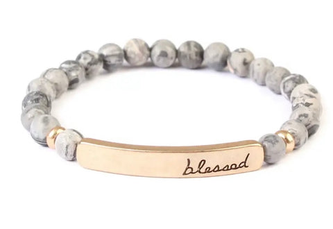 “Blessed” Gray Stone Stretch Bracelet