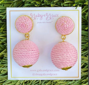 Pink Raffia Pom Pom Earrings