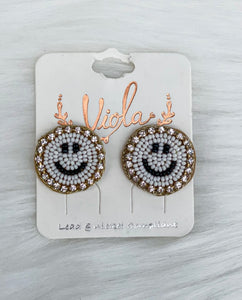 White Beaded Smiley Face Studs