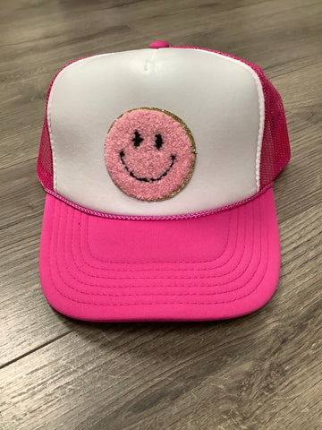 Pink Fuzzy Smiley Hot Pink/ White Trucker Hat