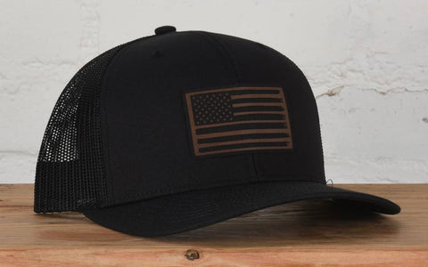 Black American flag hat with leather