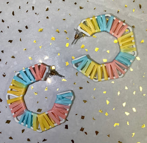 Yellow/Coral/Blue Raffia Octagon Earrings
