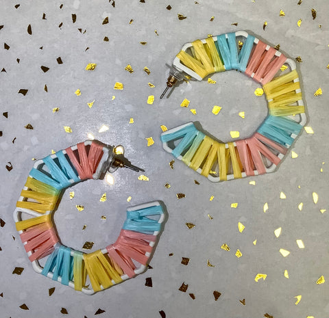 Yellow/Coral/Blue Raffia Octagon Earrings