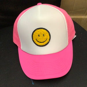 Hot Pink Trucker Hat with Yellow Chenille Smiley