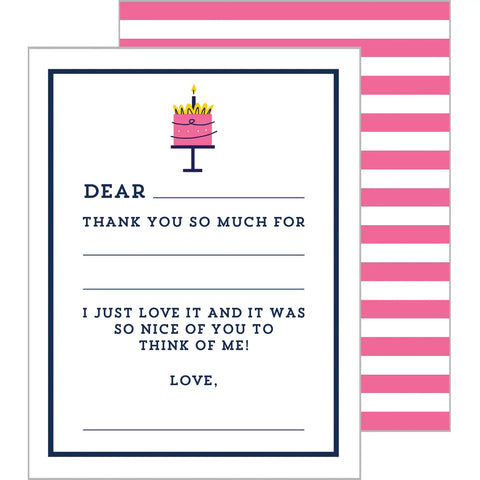 Pink birthday cake fill in the blank notecards