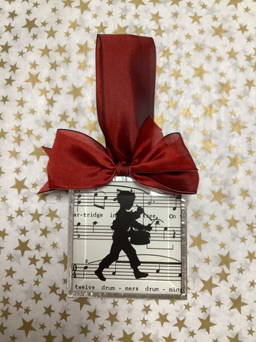 Drummer Beveled Glass Ornament with Red Ribbon