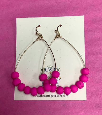 Gold Teardrop Hoop Earring with Hot Pink Beads