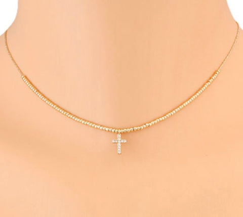 Tiny Gold Bead and Cubic Zirconia Cross Necklace