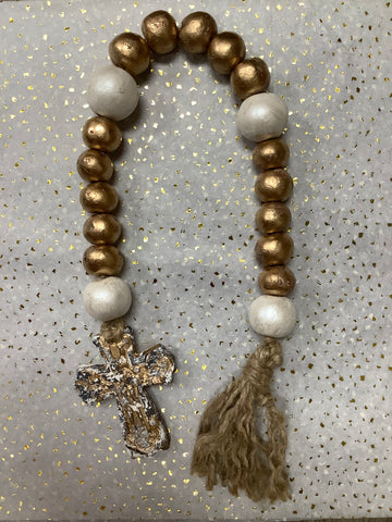 Cream/Gold/Gray Clay Blessing Beads with Cross