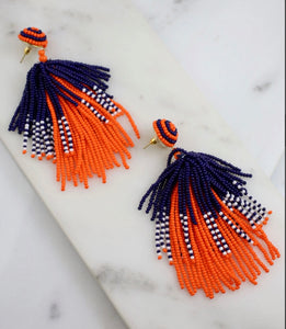 Navy and Orange Beaded Tassel Earrings