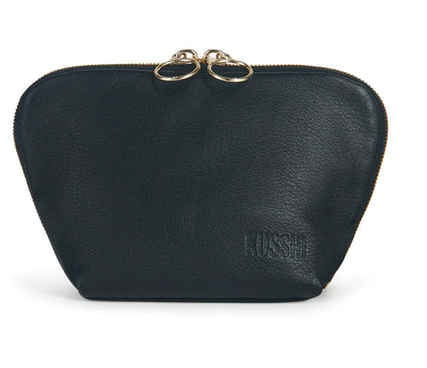 Kusshi Everday Makeup Bag- Black Leather/ Hot Pink