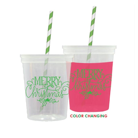 Green Script Merry Christmas color changing cups with lid & straw