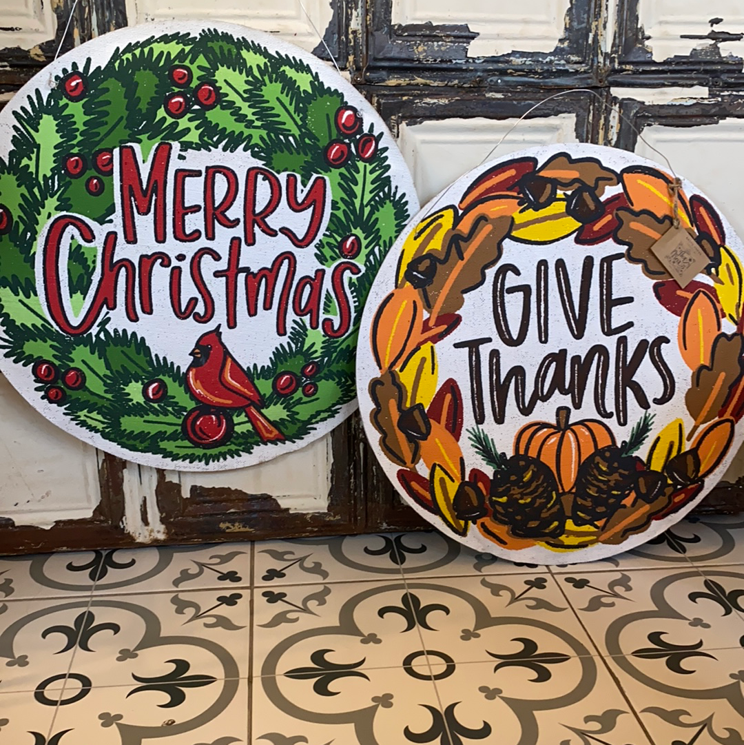 Merry Christmas/Give Thanks double sided door hanger