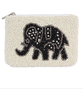 White Beaded Pouch with Black Elephant