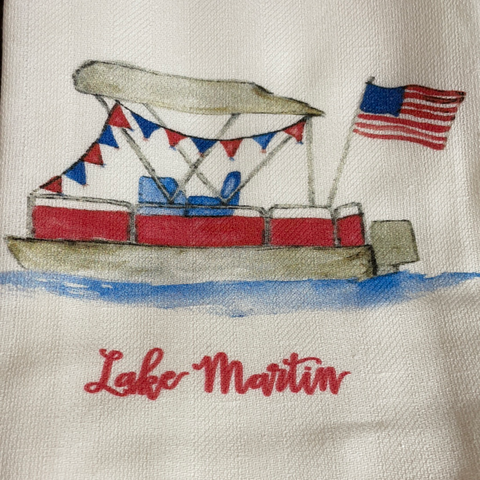 Lake Martin patriot boat tea towel