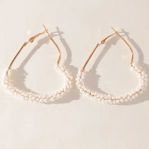 White Beaded Heart Hoops