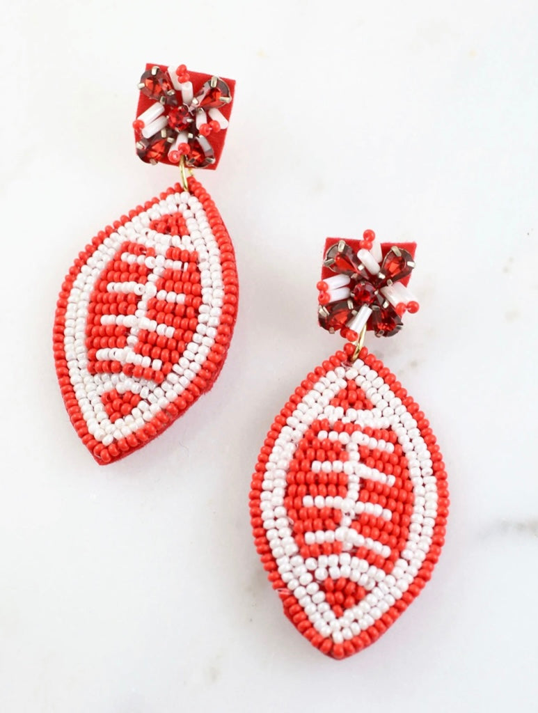 Red and White Beaded Football Earrings