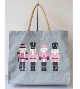 Pink Nutcrackers on Gray Burlap Tote