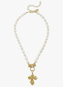 Susan Shaw Gold Vintage Cross on Freshwater Pearl Necklace (3775w)