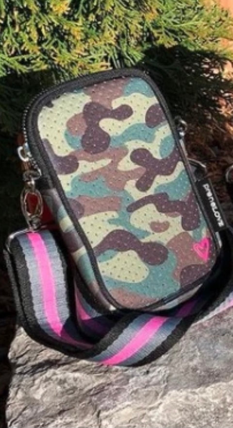 Neoprene Just Your Phone Bag- Dark Green Camo/Pink