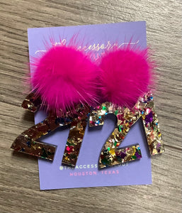 Glitter Acrylic an Pink Pom-Pom “21” Earrings