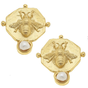 Susan Shaw Gold Octagon Bee with Freshwater Pearl Earrings