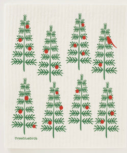 Evergreen with Red Bird Swedish Dish Cloth