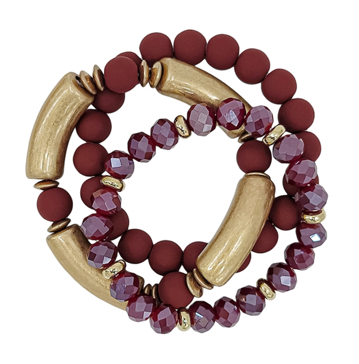 Maroon, Gold, Crystal Stretch Bracelet Set