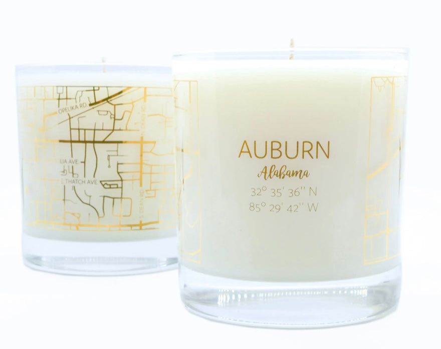 Gold Auburn Map in Clear Glass Candle