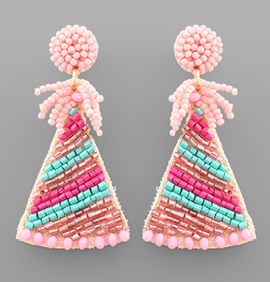 Birthday Hat Beaded Earrings-Light Pink