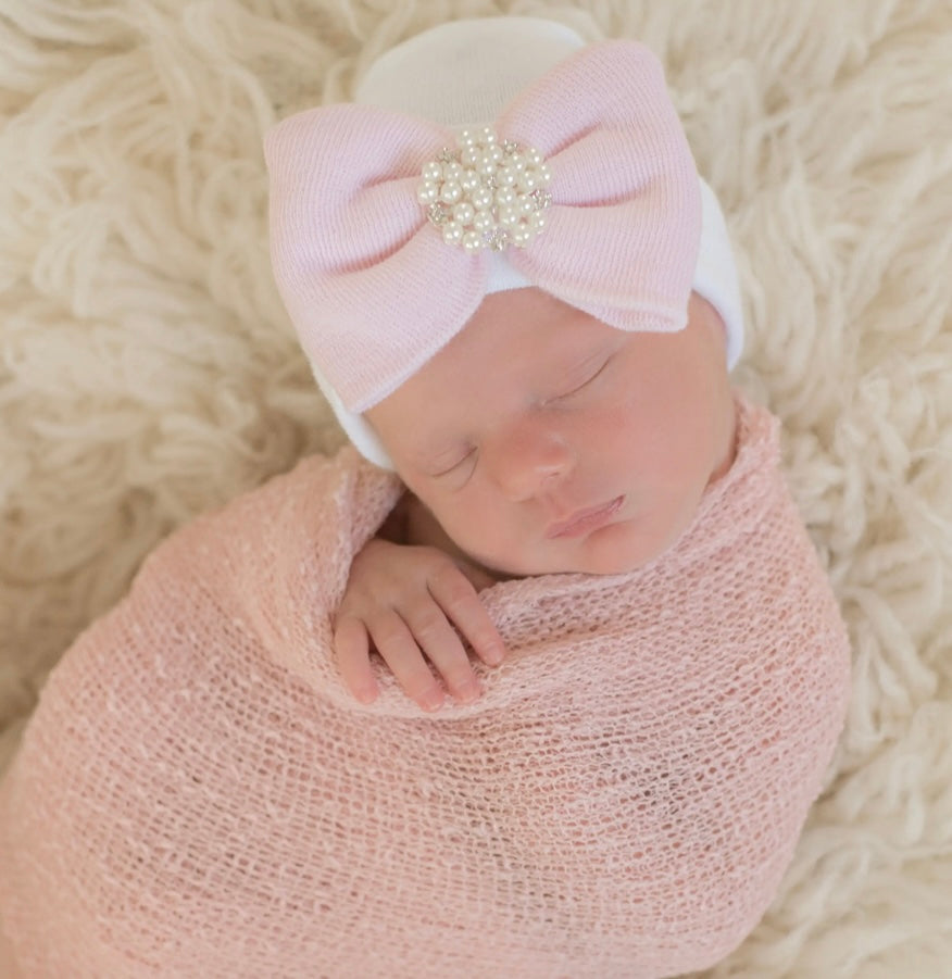 Newborn White and Pink Beanie with Pearls and Rhinestones