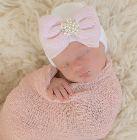 Newborn White and Pink Beanie with Pearls and Rhinestones