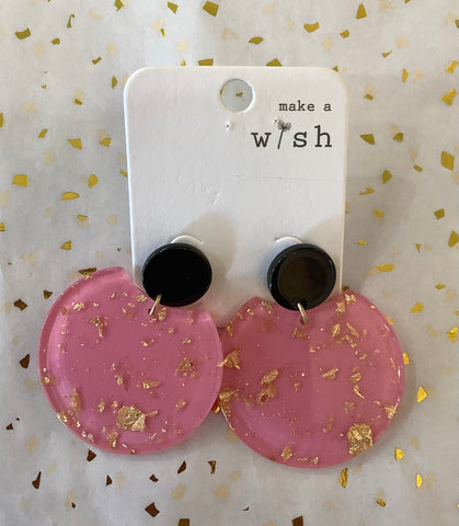 Pink with Gold Fleck and Black Circle Acrylic Earrings
