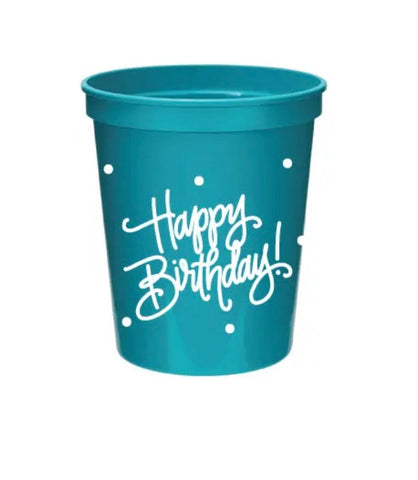 Happy Birthday Plastic Cups with Lids-Turquoise