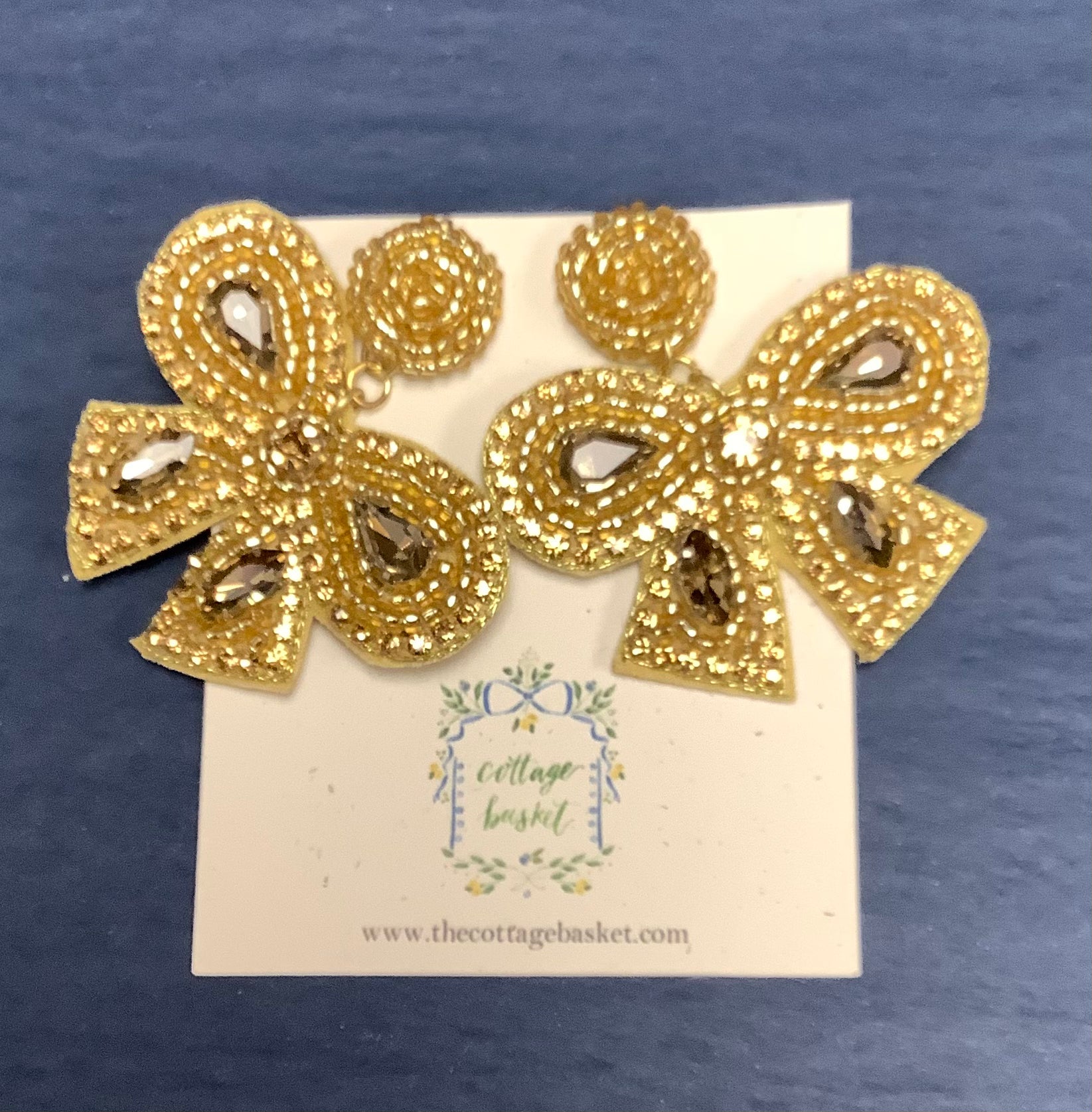 Gold Rhinestone and Bead Bow Earrings